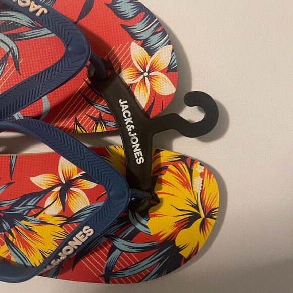 Jack & Jones Mens Flip Flop Sandals 11/12 Hawaiian Tropical New Blue Red Yellow - Picture 4 of 4